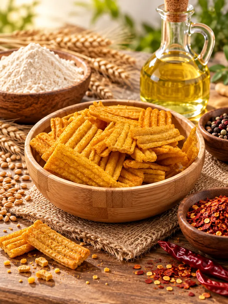 Пшеничные рифлёные чипсы в деревянной миске, мука, колосья, масло и специи